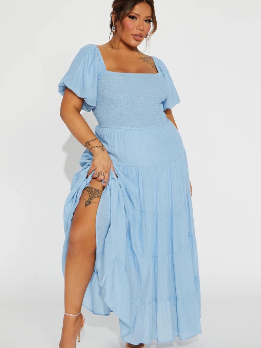 NWT Fashion Nova Georgia Baby Blue Smocked Puff-Sleeve Tiered Maxi Dress 1X